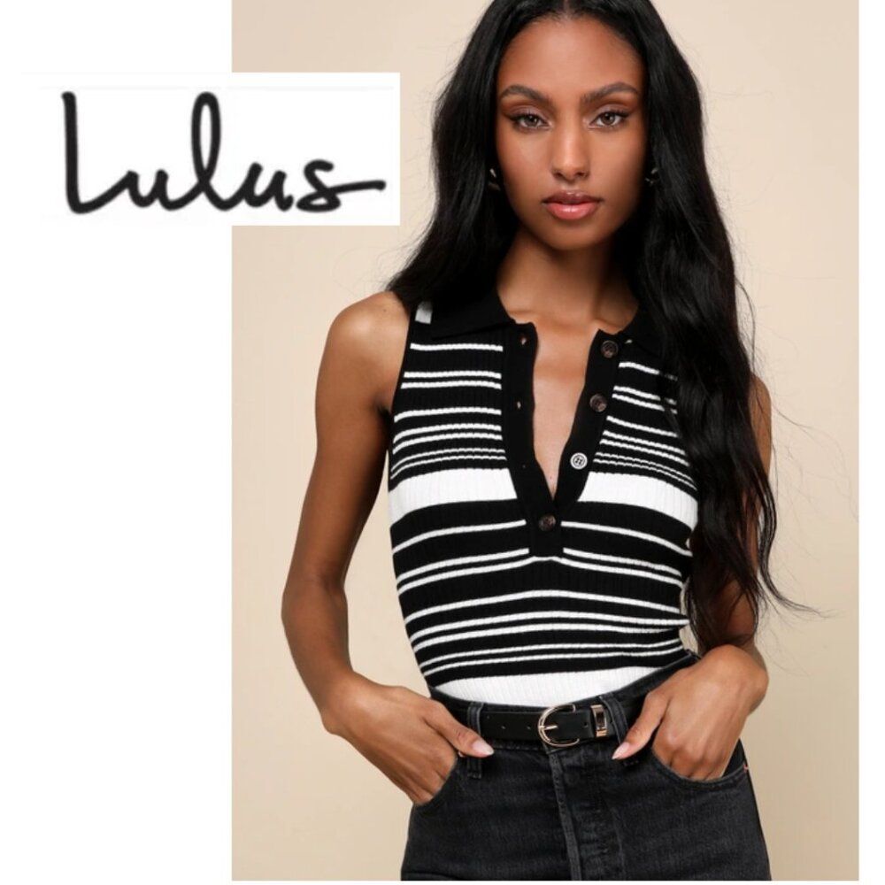 Lulu's Sleeveless Striped Polo Top (Size L)